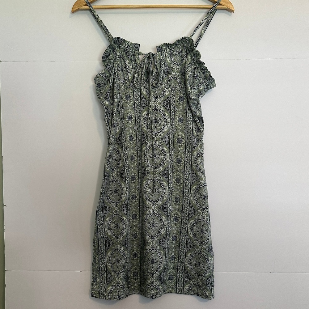 Blush BJ Women's Green Paisley Print Ruffle Strap Mini Dress Size L